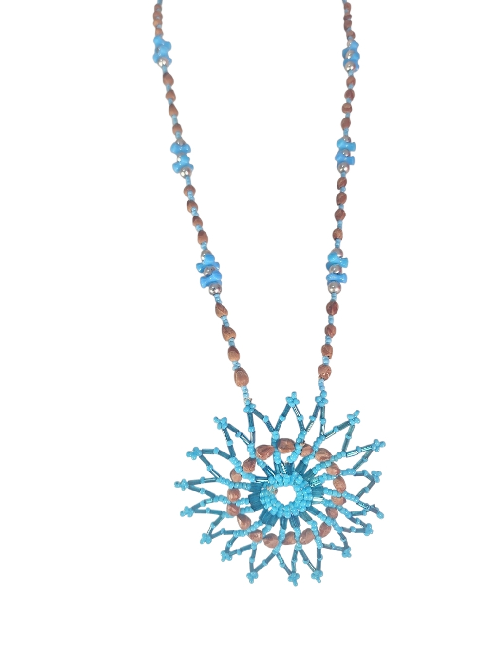Handcrafted Turquoise Medallion Beaded Sunburst Pendant Necklace .